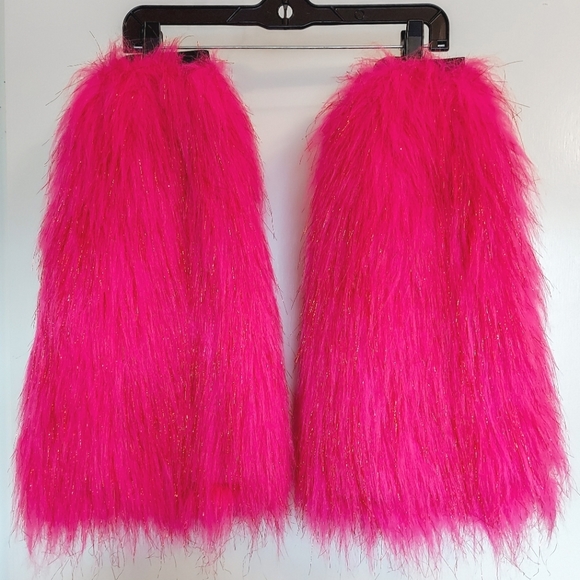 Hand Crafted Accessories - Neon Pink Y2K Rave Sparkle Fuzzy Leg Warmers Boot Covers